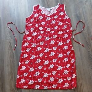 Maggie MCNaughton 100% Linen Red And White Hawaiian Flower Sleeveless Dress EUC